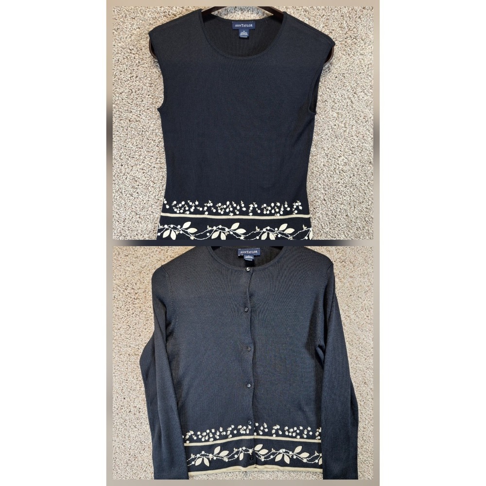 Ann Taylor 2 Piece Set‎ Cardigan Sweater Womens S Black Floral Sequin Button Up